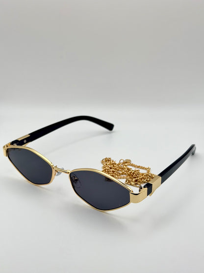 Vintage Rimless Rectangle Sunglasses with Gold Chain, Retro Y2K Narrow Shades