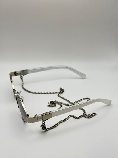 Vintage Rimless Rectangle Sunglasses with Gold Chain, Retro Y2K Narrow Shades
